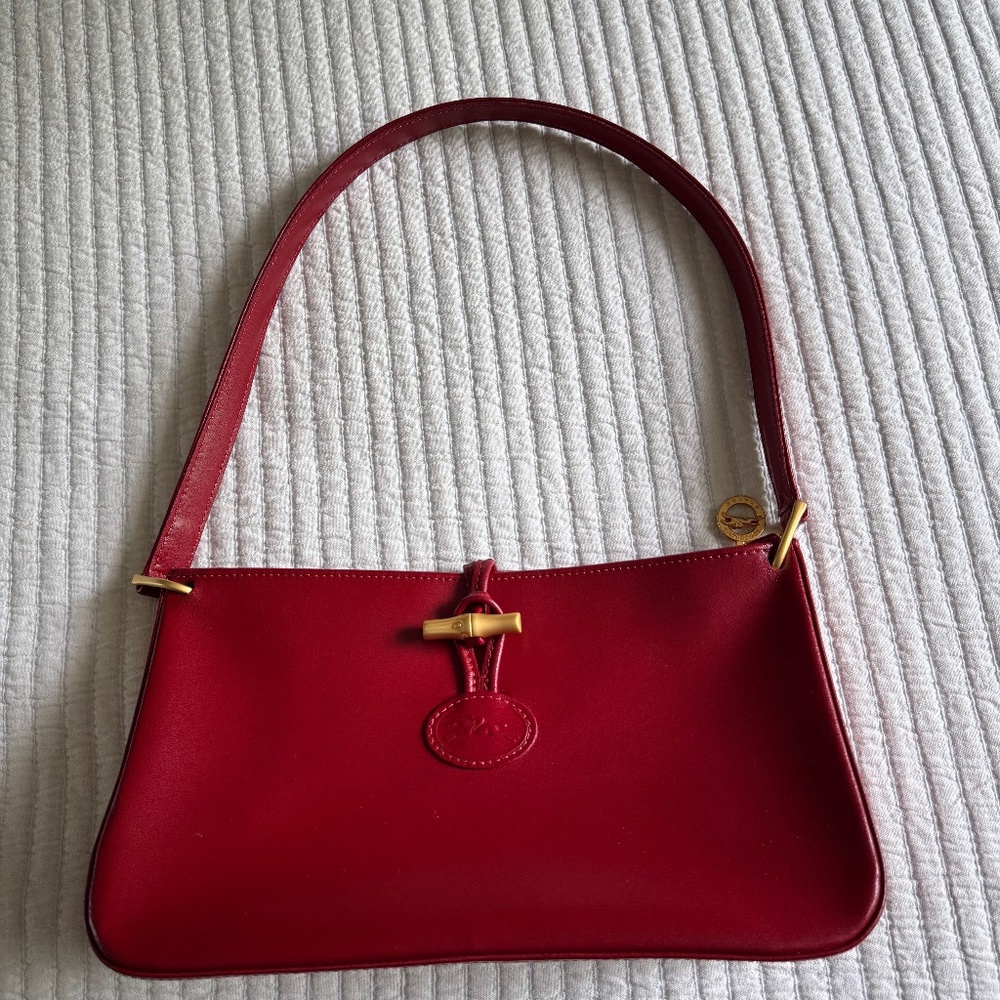 Vintage Longchamp Red Leather Shoulder Bag Gold Hardware